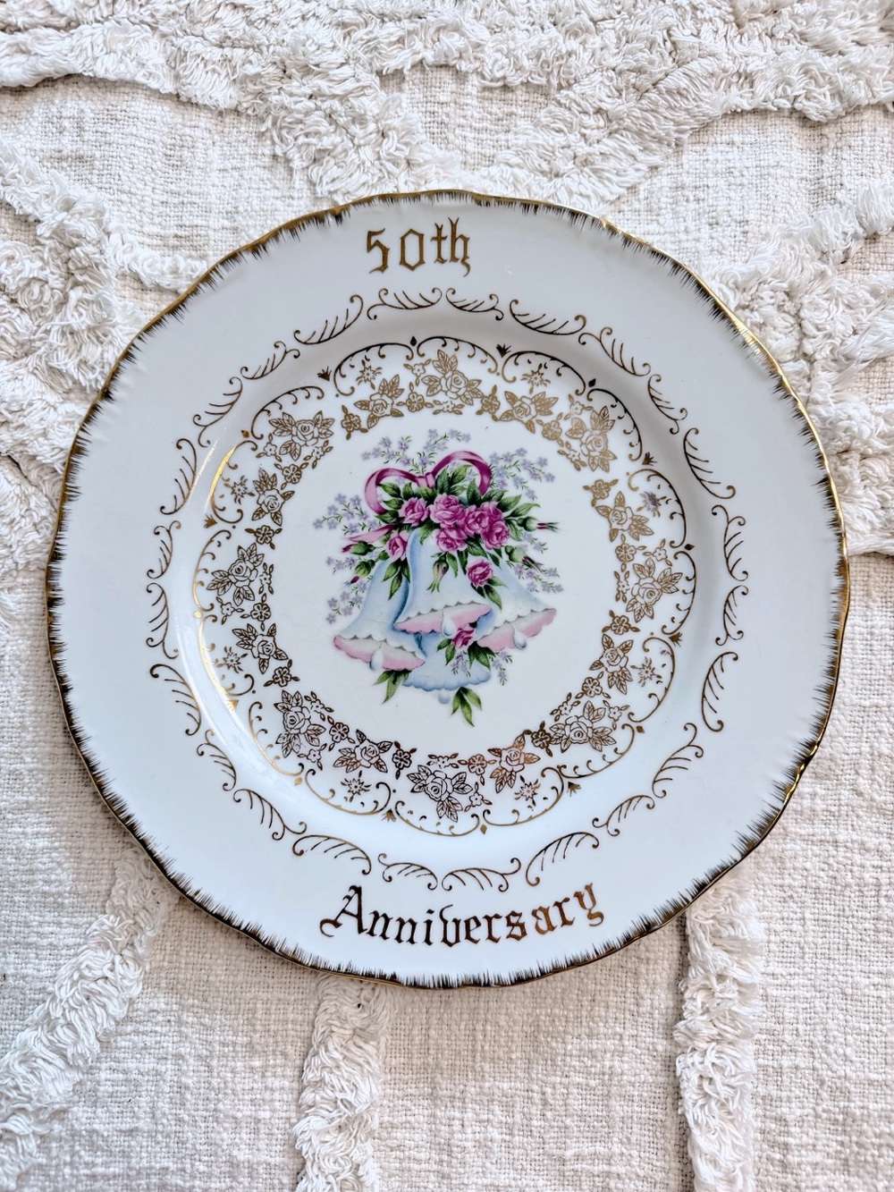 Vintage Norcrest Fine China 50th Anniversary Plate Wedding Bells Gold Trim B-510